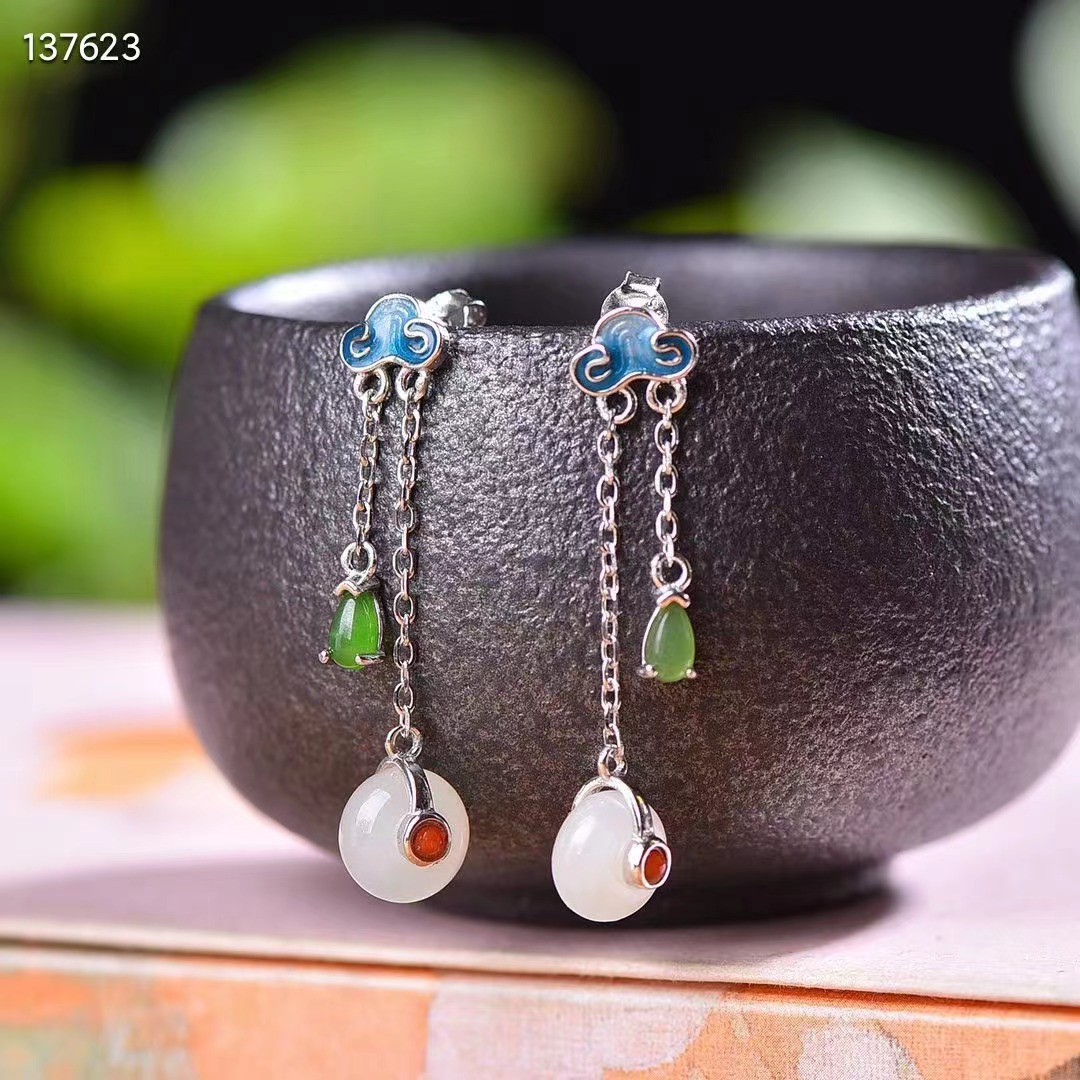 100% alami asli 925 perak murni bunga mosaik giok hetian Putih manik-manik gantung mode anting temperamen anting wanita