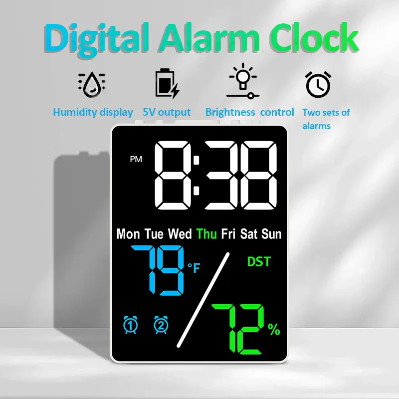 Reloj despertador Digital multifuncional de pantalla grande, pantalla de humedad, ajuste de brillo, carga, reloj de escritorio, decoración para el hogar y la Oficina