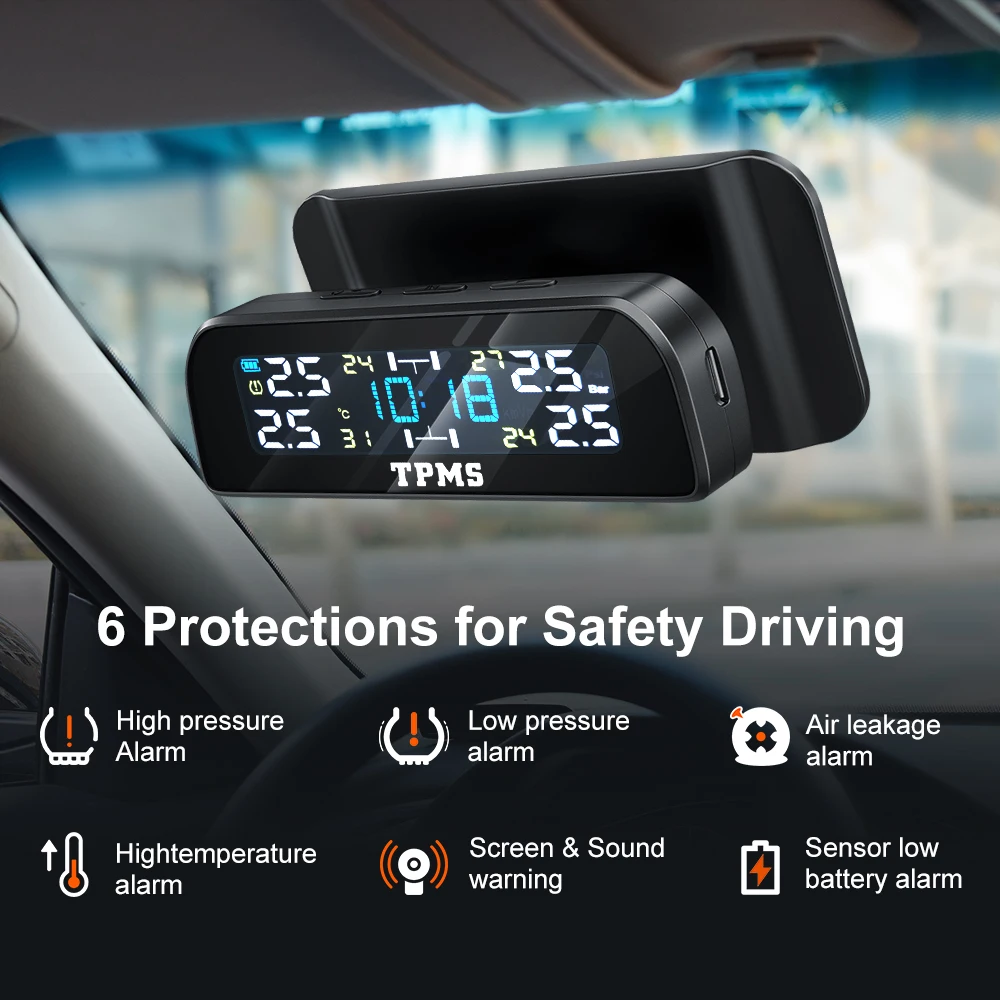 Car TPMS Tire Pressure Sensors Solar Tire Pressure Monitoring System TMPS Temperature Alarm 4 Wheel Tyre External Sensor