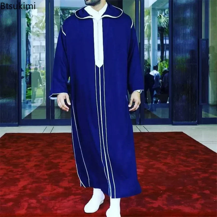 新 2025 イスラム服男性ローブカフタンイスラム教徒男性モロッコカジュアルロングドレスアラビアストライプローブ中東民族衣装