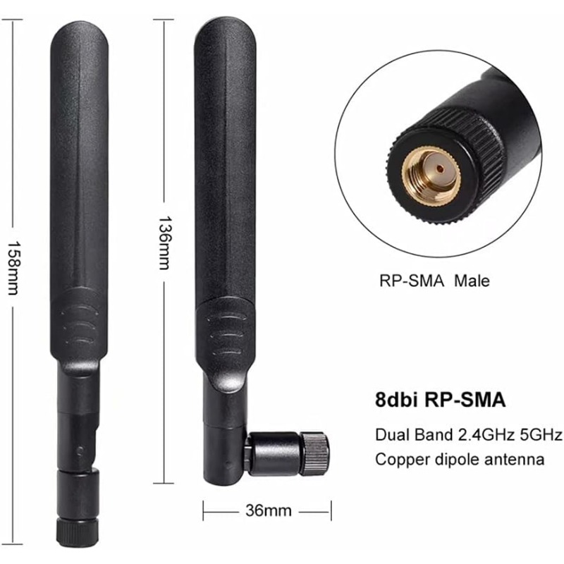 2 antenas WiFi de 8dBi, 2,4 GHz, 5,8 GHz, RP-SMA macho de doble banda + 2 cables Pigtail hembra de I-P-E-X-1 a RP-SMA de 15CM para enrutador inalámbrico