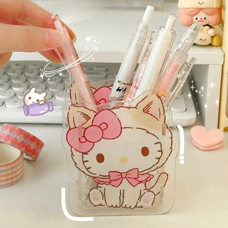 Simpatico portapenne in acrilico Sanrio, trasparente, multifunzionale, per desktop, per bambini, scatola portaoggetti per cancelleria di grande capacità