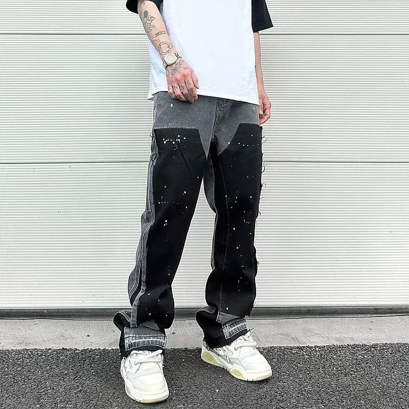 ยุโรป/อเมริกา retro อินเทรนด์ spliced กางเกงยีนส์ street สไตล์อเมริกัน bootcut กางเกง spliced ink splash กางเกงยีนส์สําหรับชายคู่