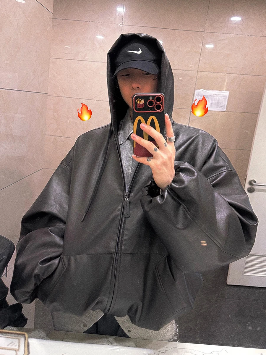 Mauroicardi printemps automne court surdimensionné noir doux veste en cuir Pu hommes avec capuche fermeture éclair ample décontracté mode coréenne vêtements