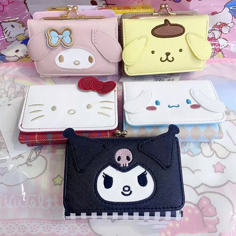 Sanrio My Melody Hello Kitty bolso Kawaii Cinnamonll Kuromi Casual moda PU Cartera de cuero lindo plegable tarjetero bolsas regalos de cumpleaños