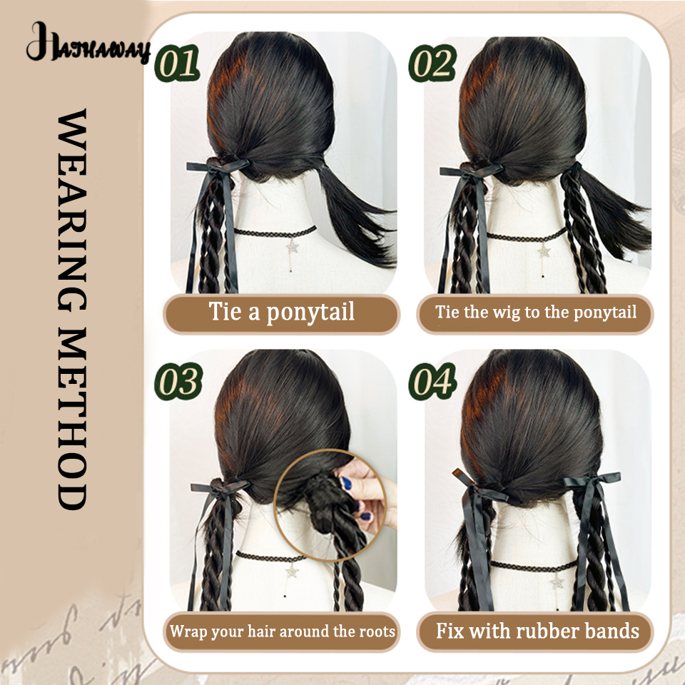 Bow Twist Ponytail Wig Braid Synthetic College Wind Ribbon Twist Braid Natural Fluffy Double Ponytail Wig Daily Wear Ponytaily