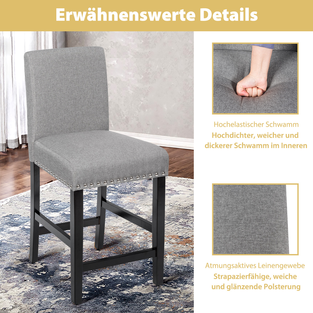 Barhocker 2er Set, gepolsterte Barstühle mit Beinen aus Gummiholz, atmungsaktivem Leinengewebe & Rückenlehne, Bistrohocker