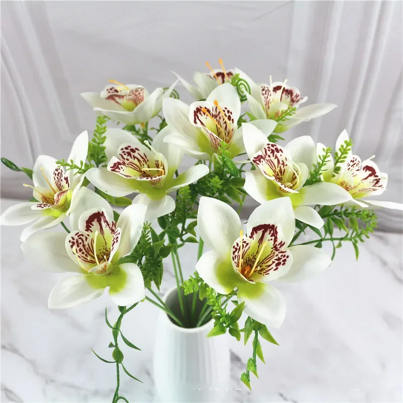 10 Pz/bouquet Artificiale Orchidea Flore Seta Bianca Finto Orchidea Fiore FAI DA TE Matrimonio Indietro Strada Casa Scrivania Vaso Accessori Finte Flores