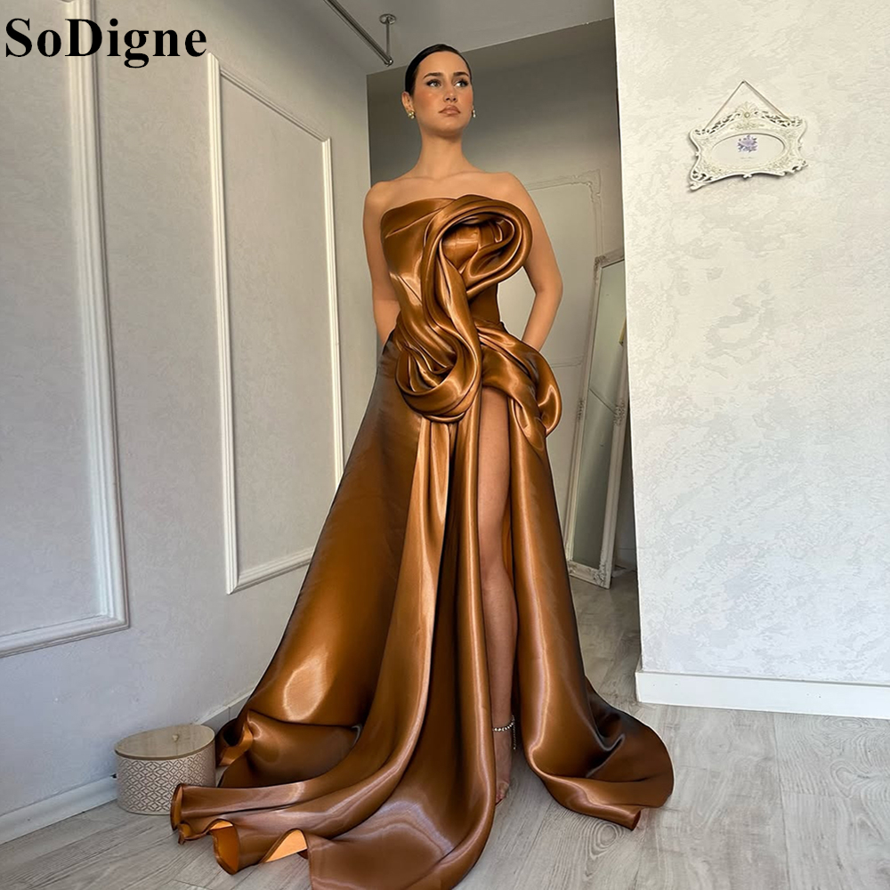 Sodigne elegante marrom vestidos de noite a linha drapeado alta divisão babados sem alças longo vestido de festa moderno vestidos de baile personalizado
