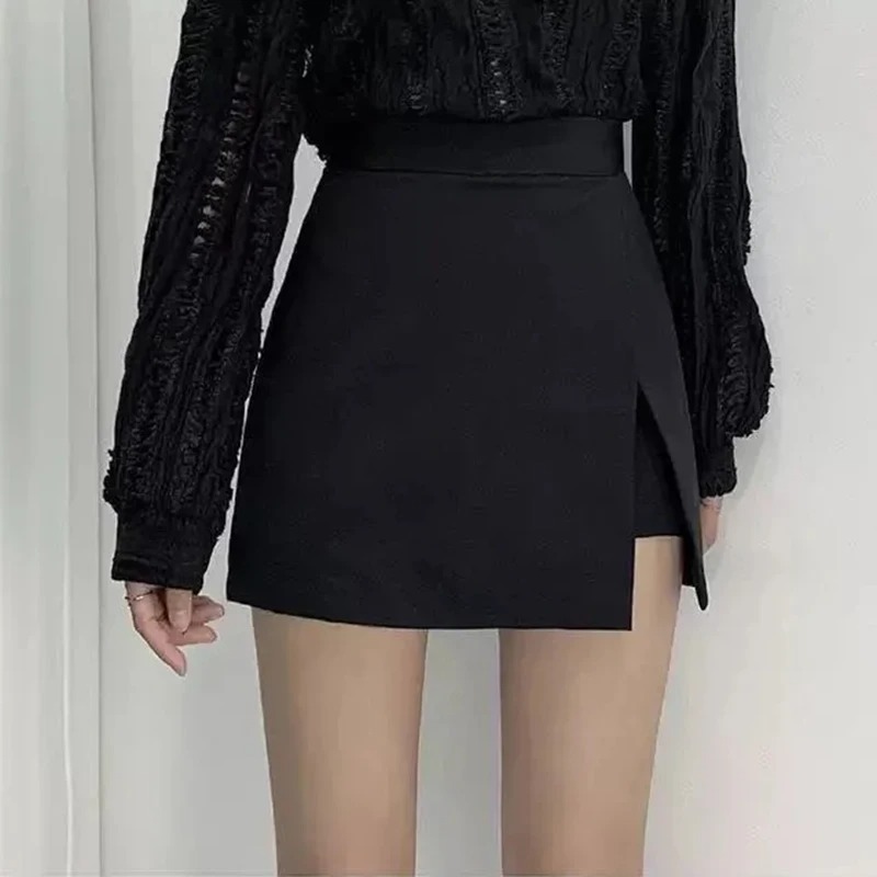 Mini jupes noires pour femmes, fentes latérales irrégulières, taille haute, ligne A, short, mode coréenne, Chic, jupe portefeuille aux hanches, été