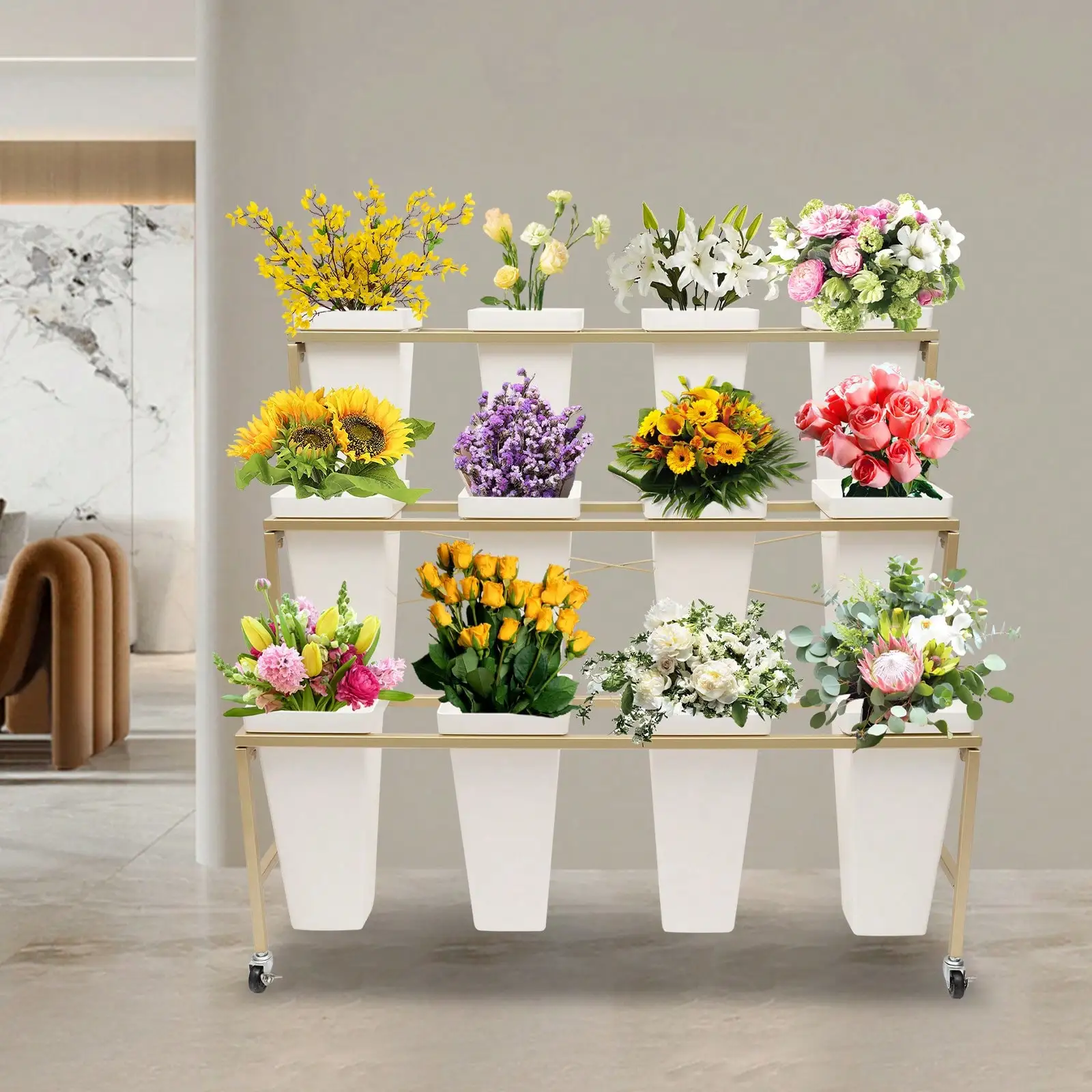 Gold  Three Layer Flower Shop Flower Display Rack Gold One Layer With Four White Square Buckets (12 Small Buckets+Rack)