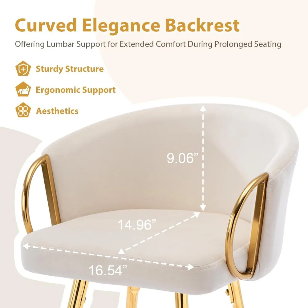 Bar Stool Set 2,30" Counter Height Bar Stool Velvet Low Back Chair with Gold Armrests for Kitchen Island/Family Bar/Dining Area