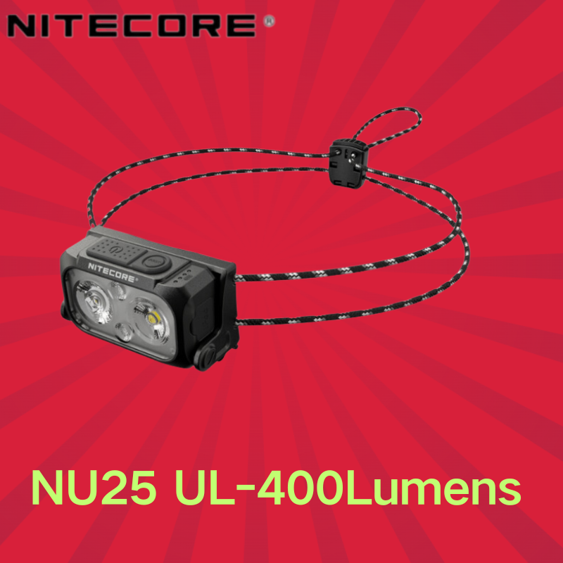 Linterna frontal recargable NITECORE NU25 UL, 400 lúmenes, doble haz, equipada con foco + reflector, linterna frontal ultraligera