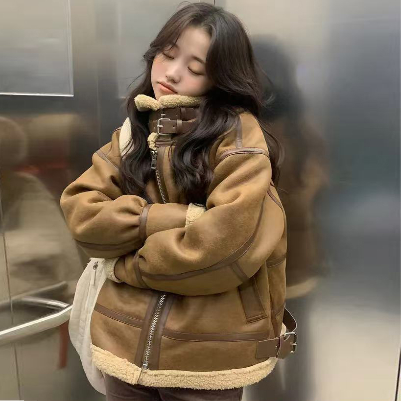 韓国スタイル襟付き毛皮レザーベスト小さいサイズ冬鹿ベルベット防風暖かさアウター長袖通勤フレンドリー