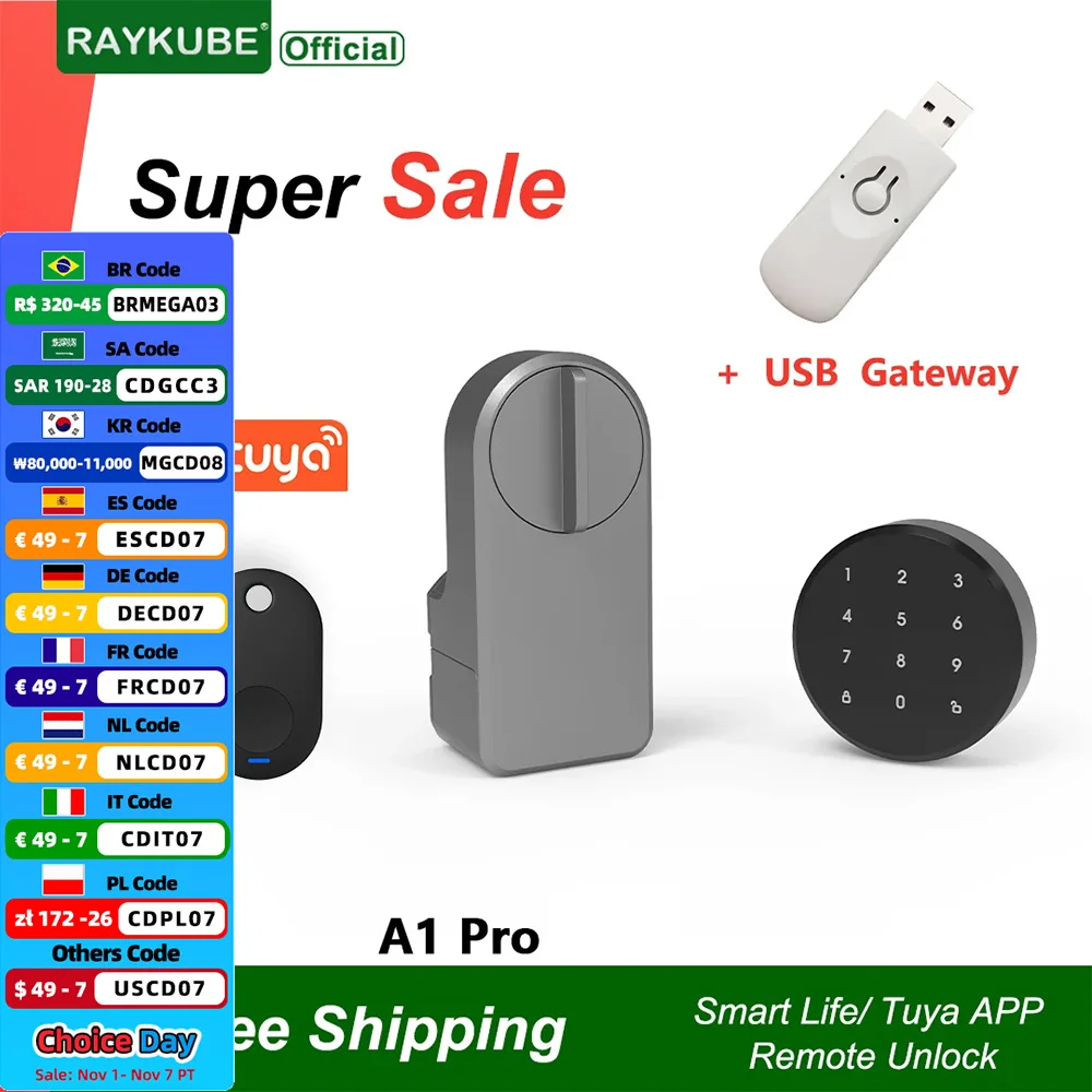 RAYKUBE A1 Pro Tuya BEL Smart Türschloss Set mit Anhänger/Tastatur/Smart Key Tuya Remote Unlock Arbeit mit Alexa Google Assistant