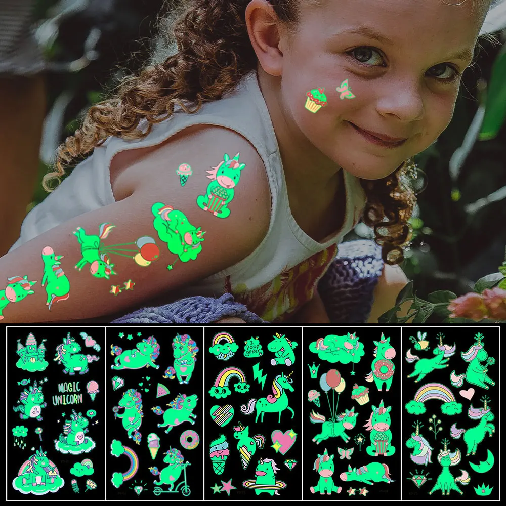 5 stks Groene Lichtgevende Glow Leuke Eenhoorn Waterdichte Tijdelijke Tattoo Stickers Droom Gezicht Arm Partij Decoratie Flash Tatto Body Art