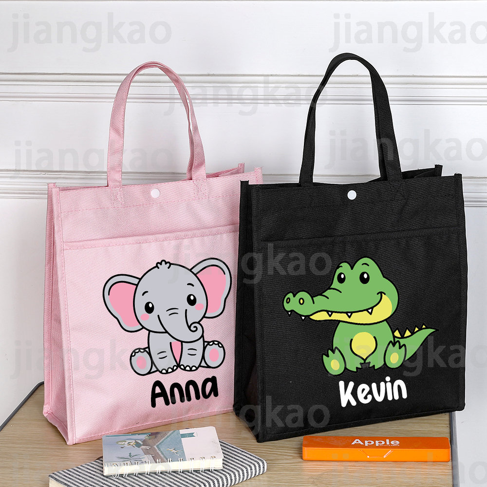 Spersonalizowana biblioteka dla dzieci duże torba z rączkami Homeschool Cute Animal z nazwą czytanie książek torba dla dzieci tornister dla dzieci prezenty urodzinowe