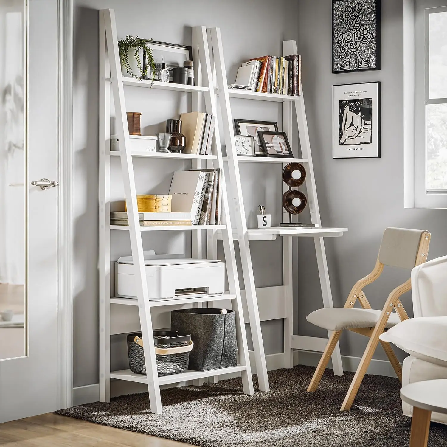 Ladder Shelf Desk, Bookcase, Book Shelf, Leaning Desk with Shelves, Wall Shelf, White FRG60-W