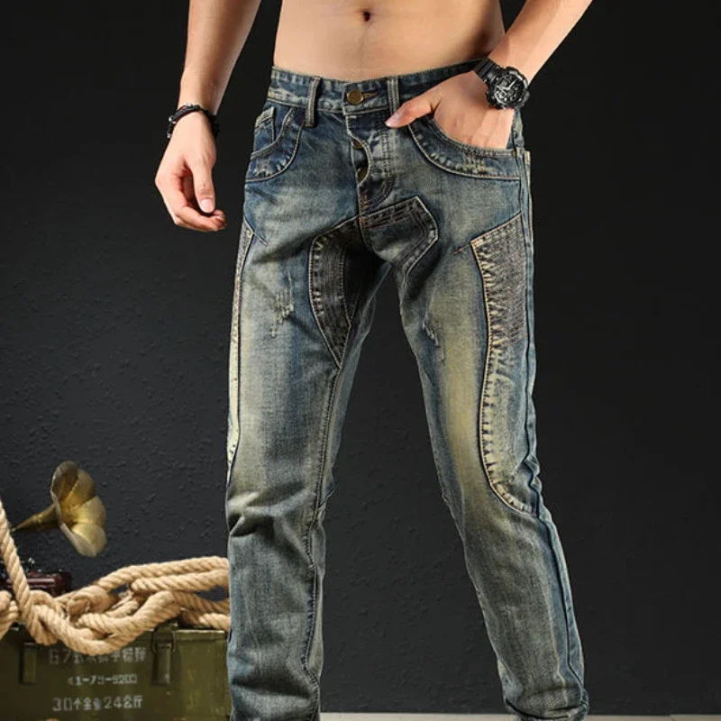 Jeans masculino de baixo crescimento slim fit para motocicletas, calças masculinas de vaqueiro emendadas, cano apertado, estilo de rua japonês, coreano Xs