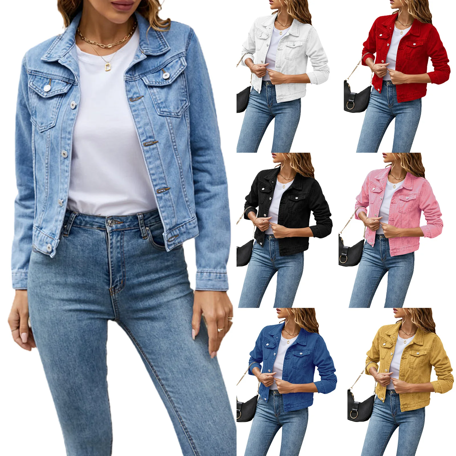 Jaquetas jeans femininas moda feminina casual manga longa lapela sólida botão para baixo bolso no peito fino jean jaqueta outono inverno casaco