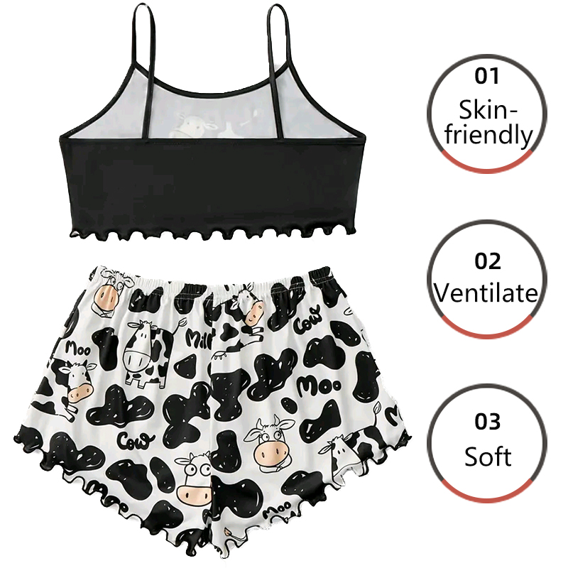 Conjunto de pijamas para mujer Ropa de dormir 2 piezas Camisola y pantalones cortos Deportes Vaca Estampado de dibujos animados Ventilar Suave Casual S M L Negro