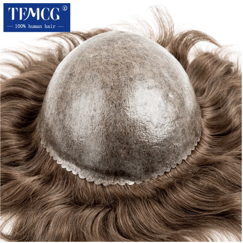 Toupee สําหรับชาย 100% ผมมนุษย์อินเดียวิกผมผู้ชายผู้ชาย Capillary Prothesis ผมชายวิกผมสบาย 0.1-0.12 มม. ผิววิกผม