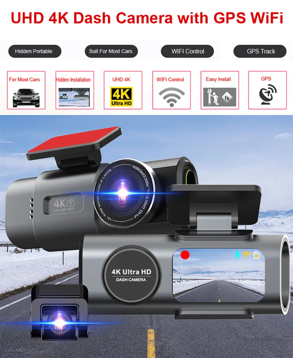 Cámara de salpicadero de doble lente, grabación 4K UHD, cámara de coche DVR, grabadora de vídeo de visión nocturna, Wi-Fi incorporado, compatible con GPS, estacionamiento 24H