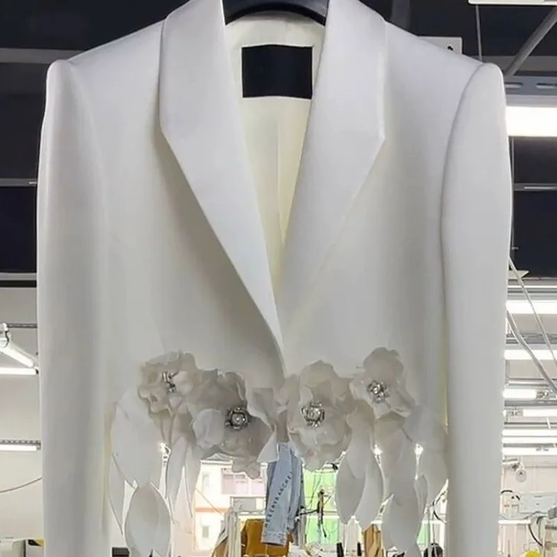 Elegant สีขาว 3D ดอกไม้ชุดเสื้อเอวสูงดอกไม้พู่เสื้อแจ็คเก็ตฤดูใบไม้ผลิฤดูใบไม้ร่วง Fringed ลูกปัด OL เสื้อสเวตเตอร์ถัก 2024
