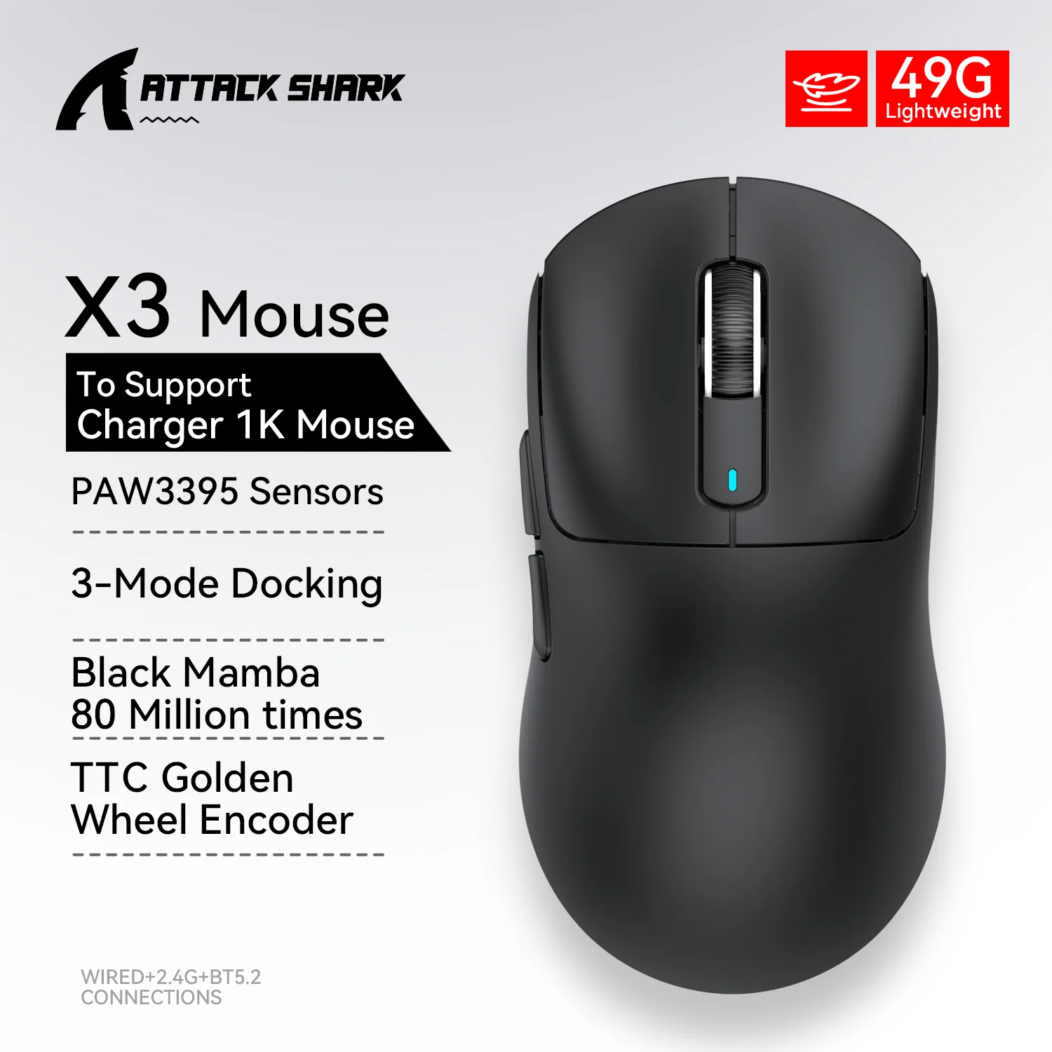Attack Shark X3 Pro Mouse leve sem fio PAW3395 26000PDI RGB Backlight Macro define um mouse para jogos com fio de baixa latência