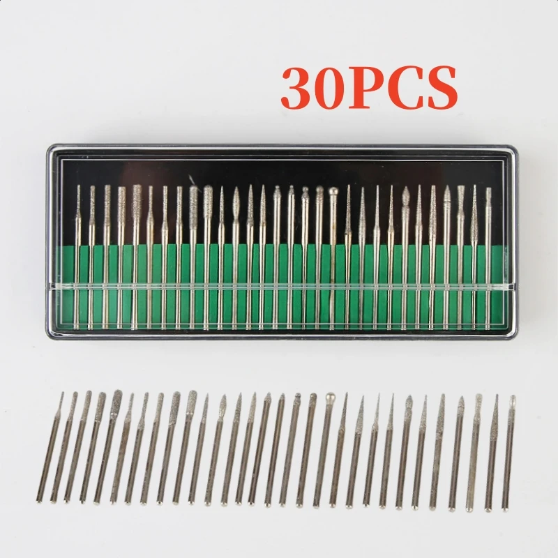 30pcs/lot Shank Diamond Burs Set With Box For Electric Grinder Power Accessories Abrasive Drill Bit Rotary Tool Sets 2.35mm