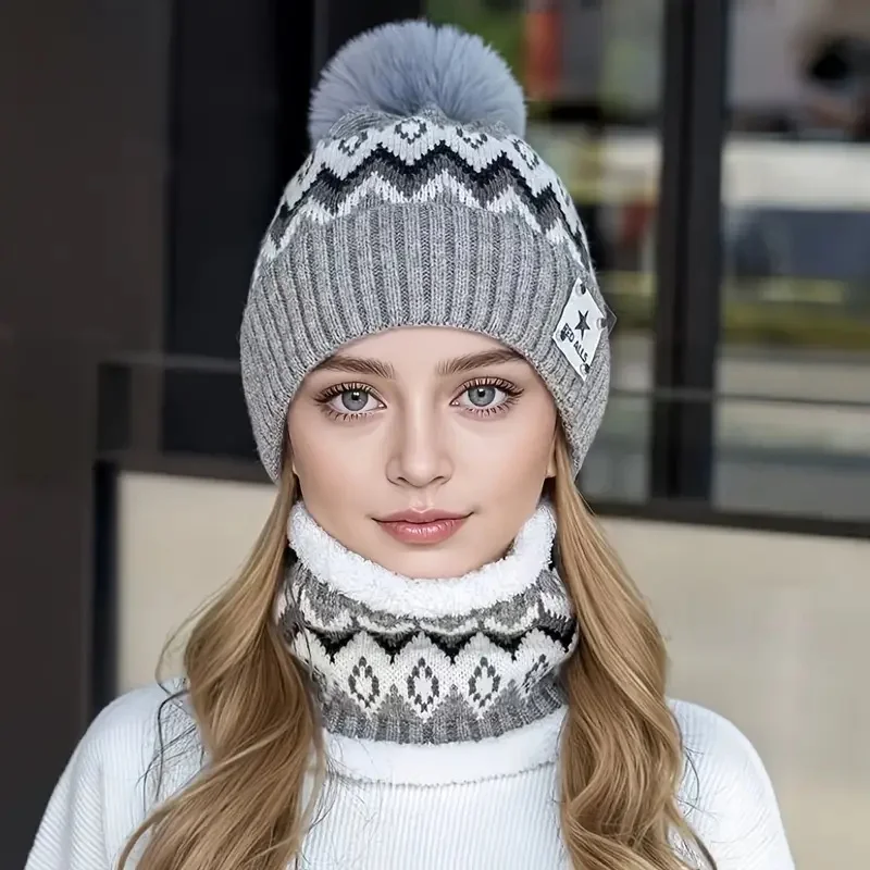 Set da 2 pezzi scaldacollo e cappello foderato in pile combinato per ciclismo all'aperto autunno/inverno, berretto spesso lavorato a maglia