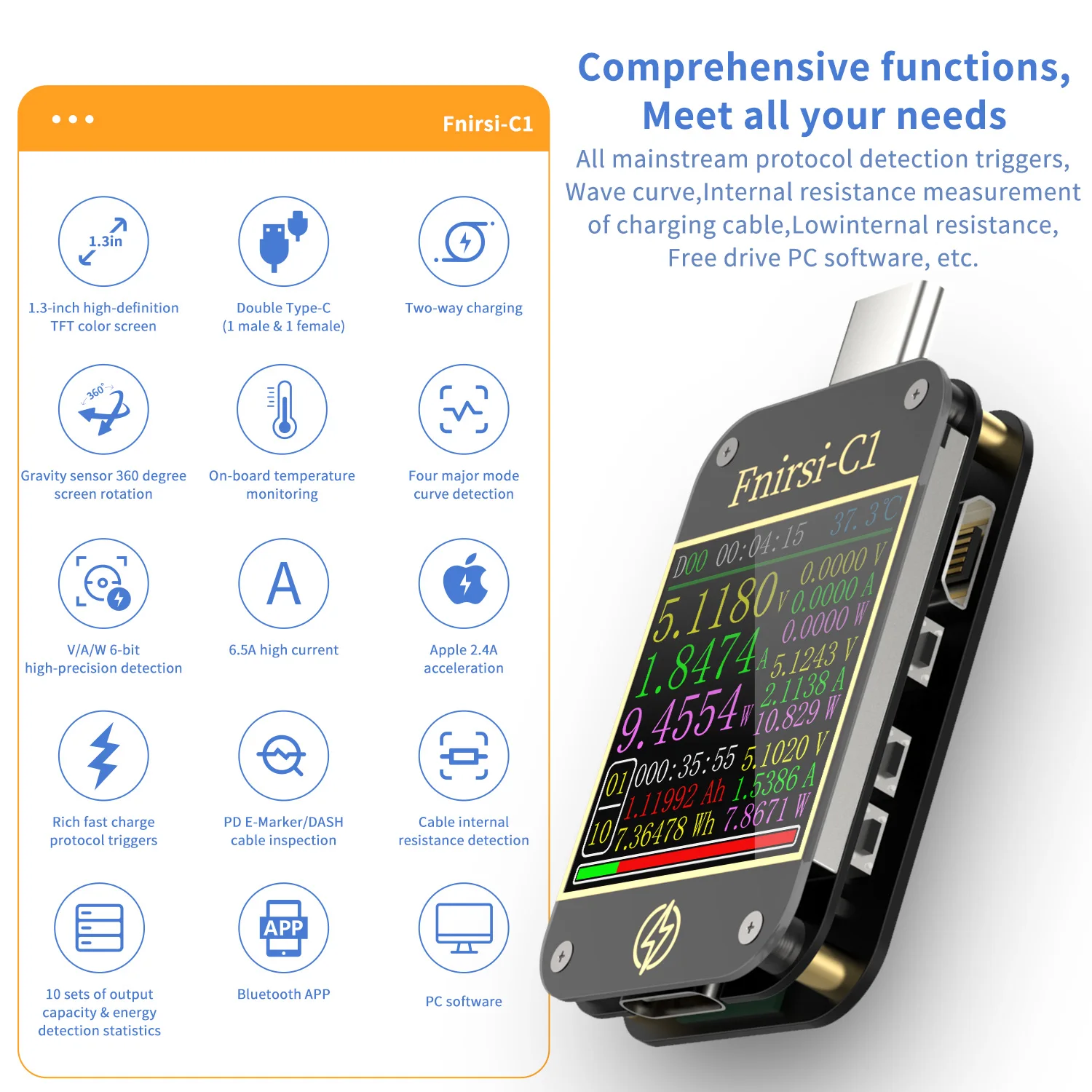 FNB58 USB เครื่องทดสอบโวลต์มิเตอร์แอมป์มิเตอร์ TYPE-C Fast Charge Detection Trigger การวัดความจุ Ripple การวัด