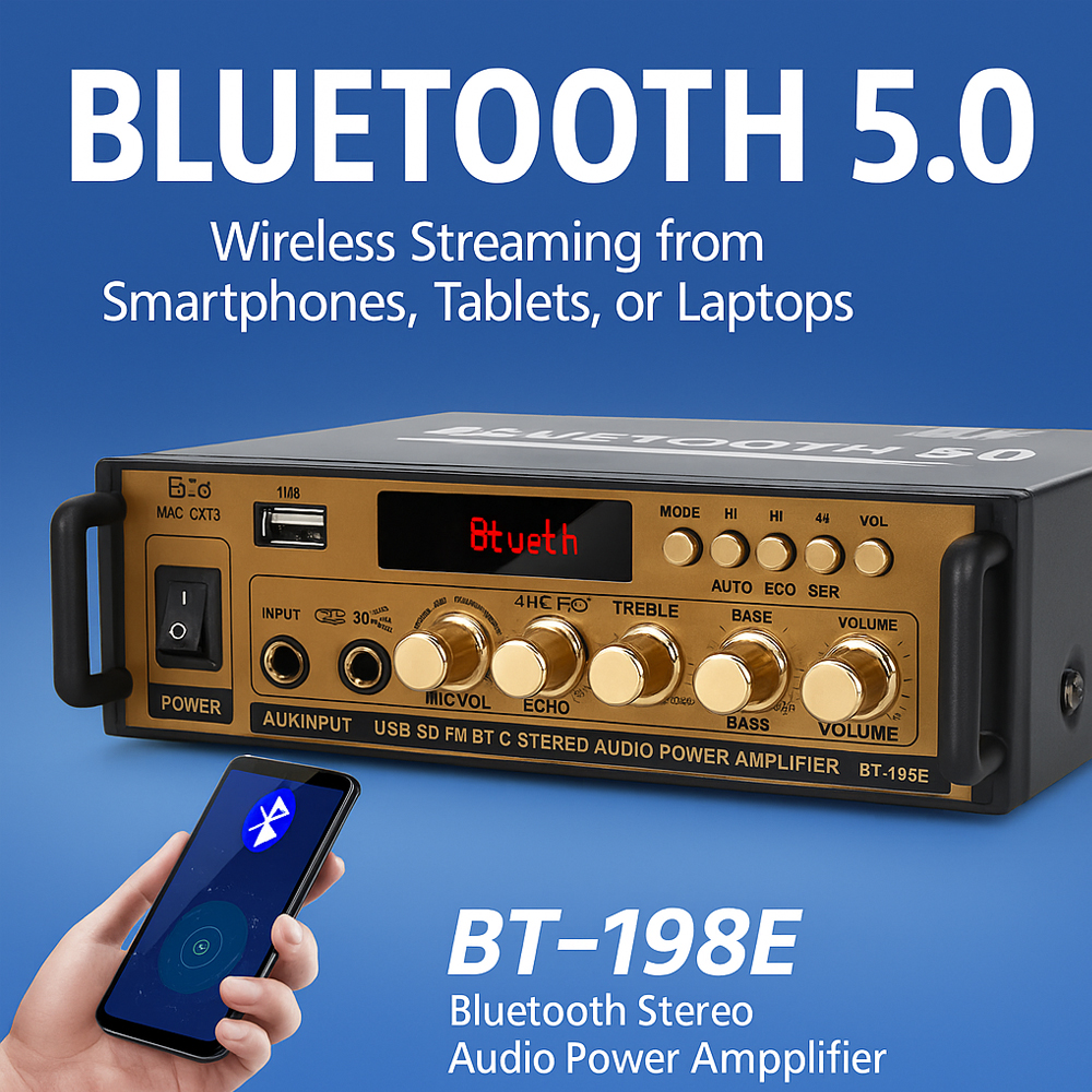 Amplificateur Audio Bluetooth BT-198E, 35W × 2/12V DC/220V AC, entrée micro USB SD AUX, amplificateur de puissance double canal