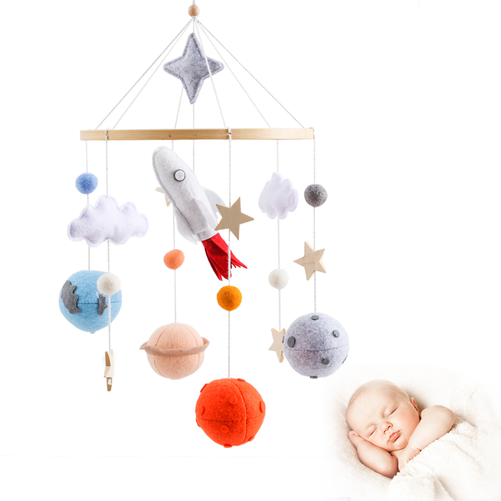 Cloche de berceau en bois pour bébé, jouet apaisant, mobile, fusée spatiale, support de berceau suspendu, boule en feutre, cloche de lit, jouet pour nouveau-né, cadeau