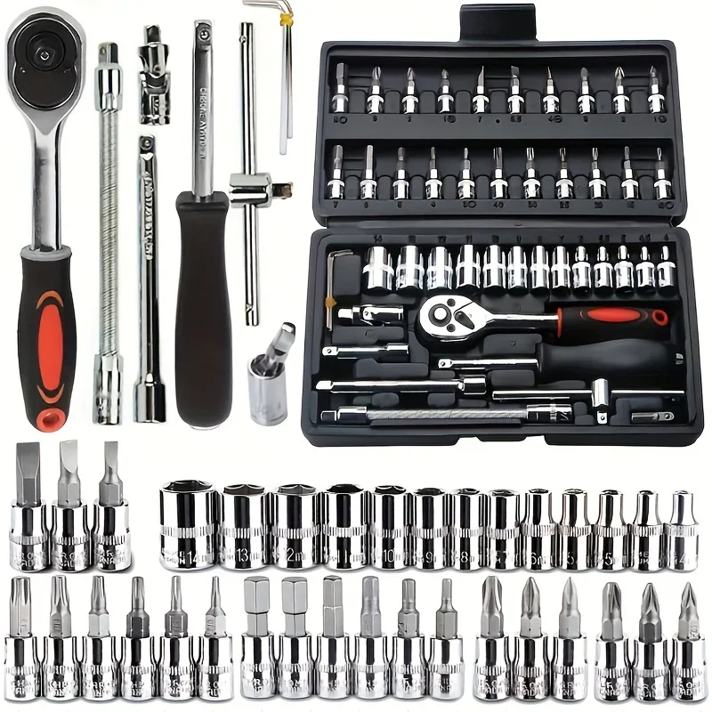 Motorcycle 46pcs 1/4 Inch Drive Socket Ratchet Wrench Set Complete Car Repair Kit for Auto and Bicycle Maintenance Tools amagi