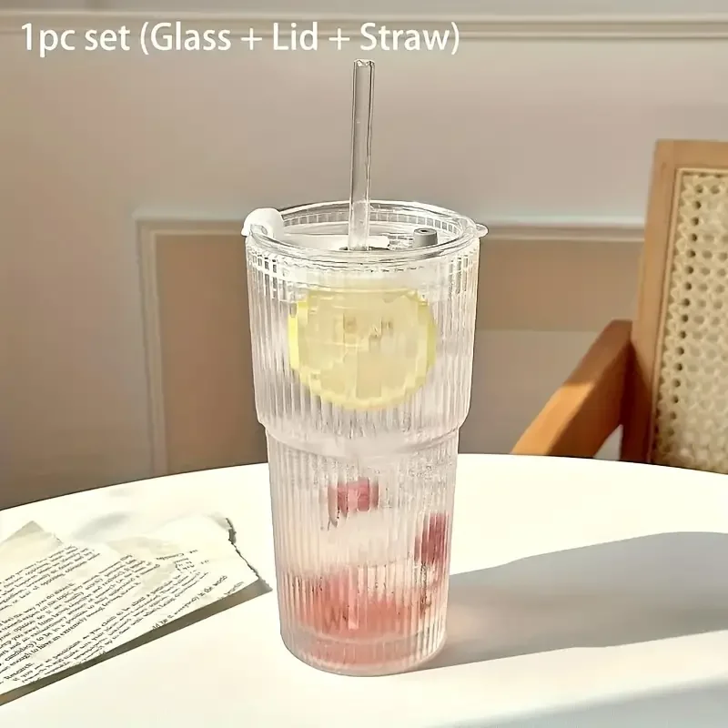 1/2 Stück 600 ml Streifen-Glasbecher mit Deckel und Strohhalm, transparente Trinkgläser für Saft, Wasser und Eiskaffeetassen, Trinkgeschirr