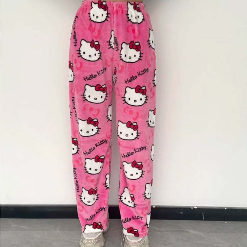 Hello Kitty Pyjamahose Y2K Anime Cartoon Kawaii Mode Lässig Flanell Warme Wolle Herbst Winter Erwachsene Mädchen Hose Heimhose