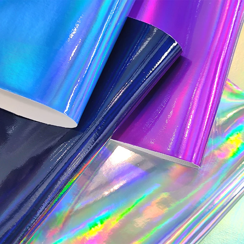 Roll Holographic Glossy kulit imitasi lembar kain untuk membuat pita rambut tas anting-anting DIY kerajinan jahit 46x135CM