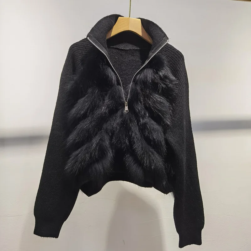 Frauen Kurze Gestrickte Pullover Mit Echt Fox Pelz Langarm Echtes Pelz Trimmen Pullover Weibliche Jumper Mit Zipper