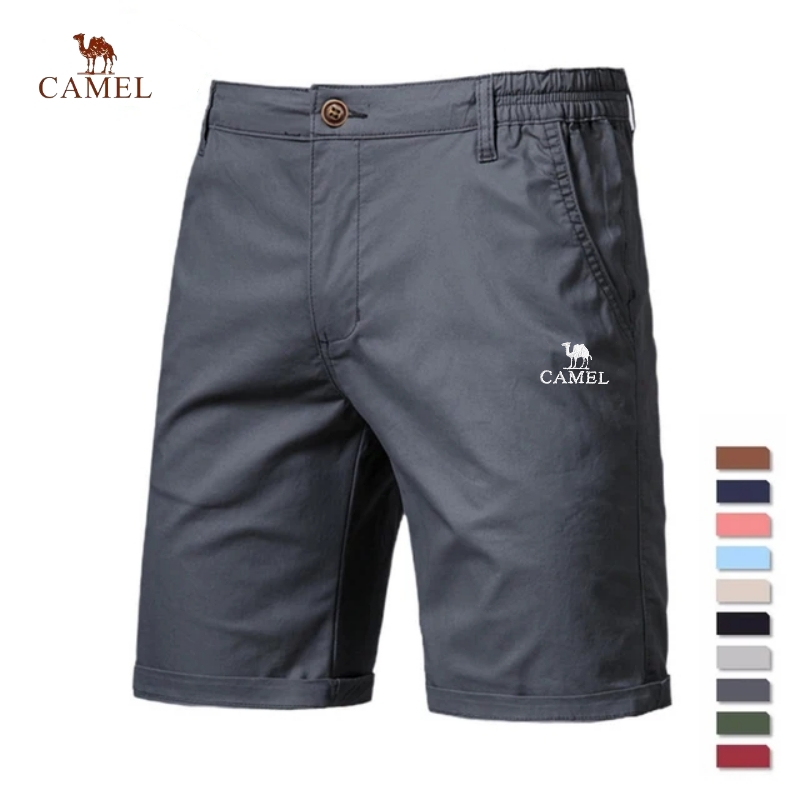 Pantalones cortos bordados CAMEL de verano 100% de algodón de Color sólido para hombres, pantalones cortos de playa con cintura elástica Social de negocios informales de alta calidad