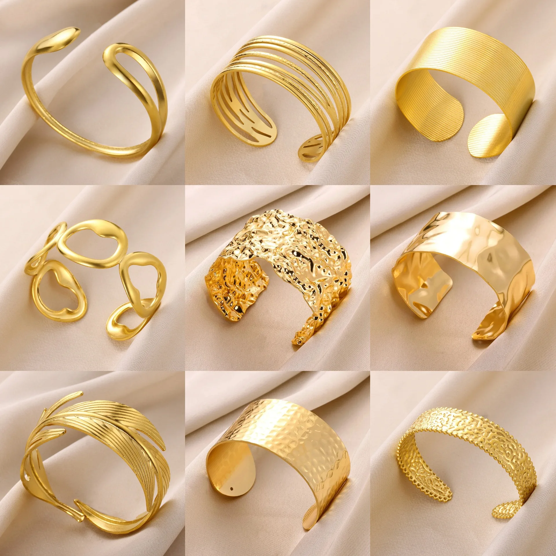 Bracciale rigido classico con texture antirughe color oro per donna Bracciale con polsino squisito Ornamento a mano in acciaio inossidabile Gioielli punk