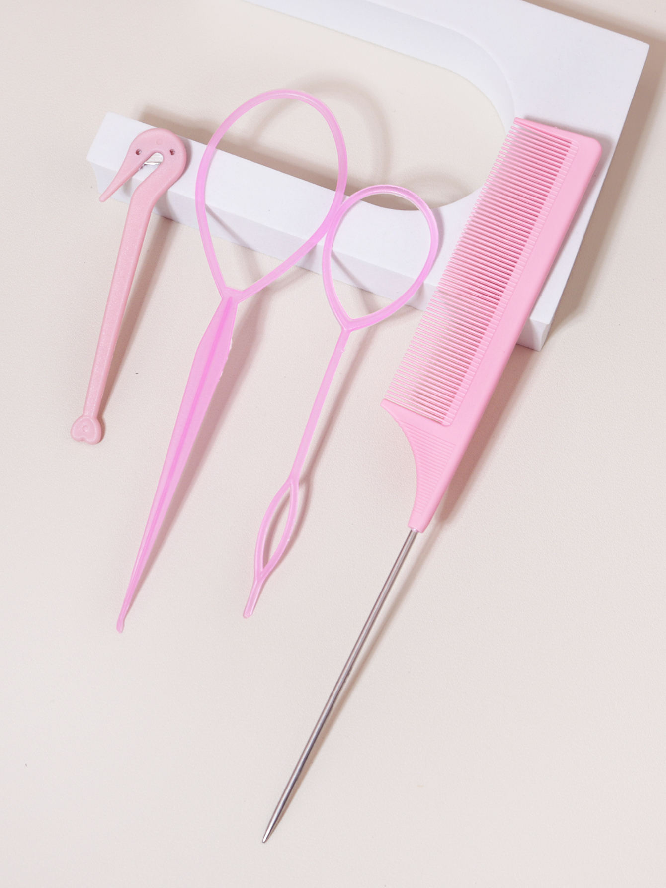 Conjunto de 4 peças, ferramenta de anel de cabelo, cortador de faixa de borracha, pente de cauda de mouse, ferramenta de cauda de cabelo, acessórios de trança de cabelo, fabricante de trança de rabo de cavalo