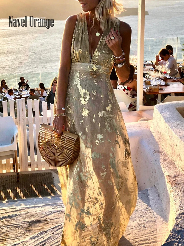 Vestido largo de fiesta con cuello en V profundo para mujer, vestido informal liso sin mangas con retazos para vacaciones, ropa de calle elegante, triangulación de envíos