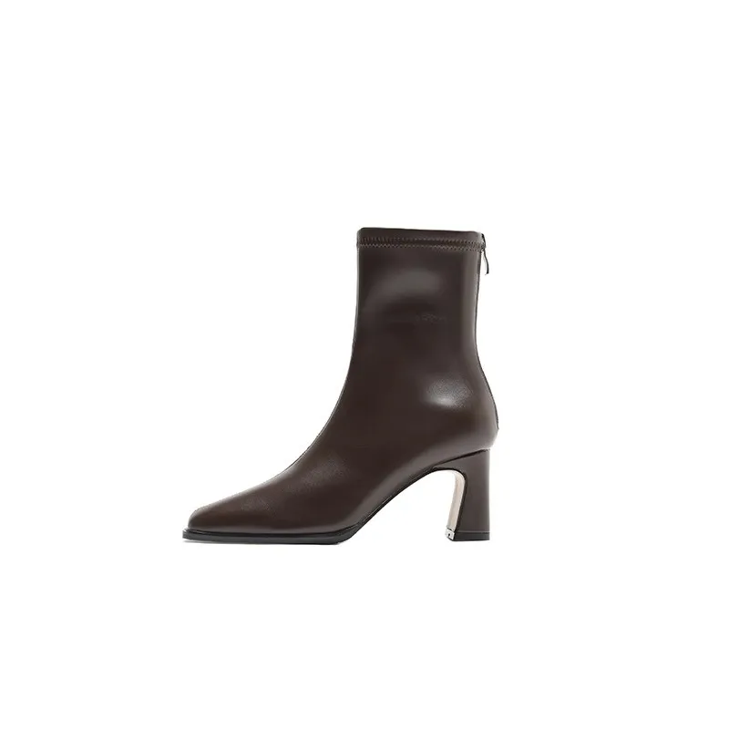 Botines cuadrados de cuero suave para mujer, botas cómodas de tacón alto con cremallera, zapatos de temperamento Simple, moda de otoño