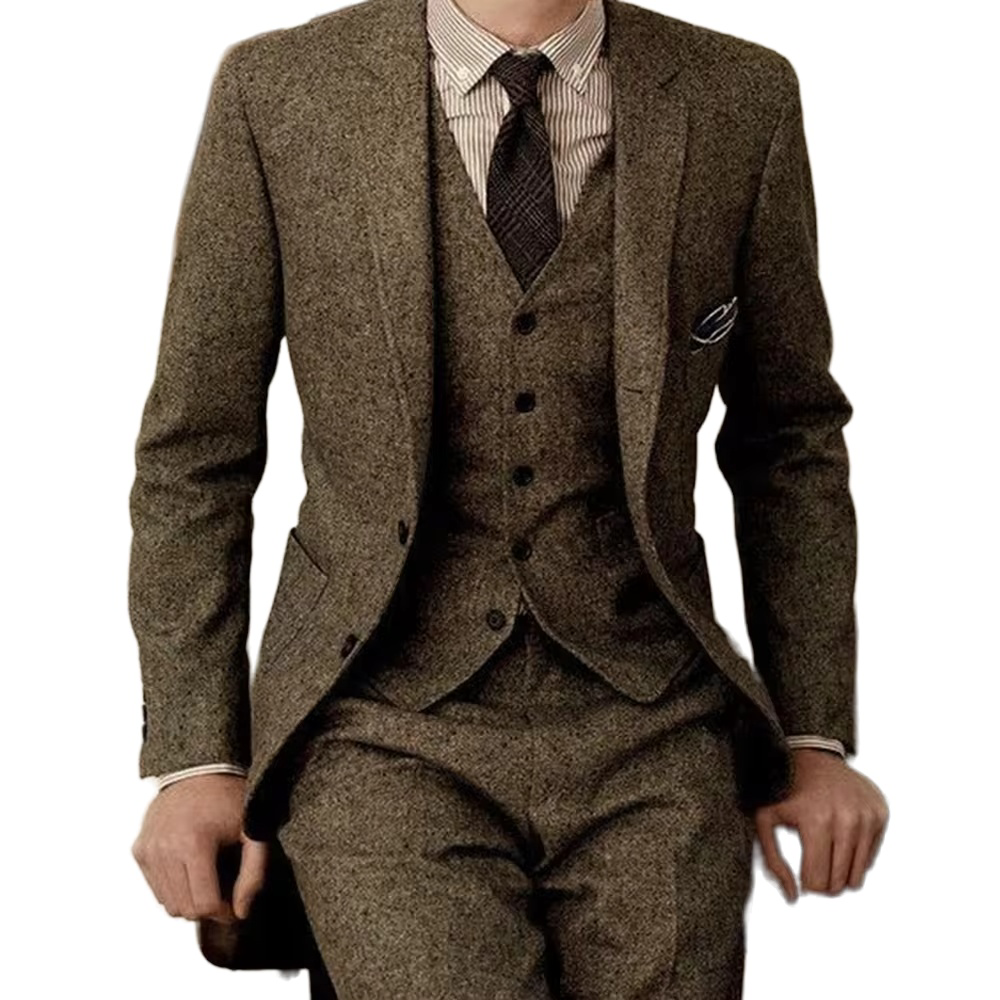 Terno vintage de Tweed marrom masculino, ternos de casamento formais, 3 peças, inverno, design clássico