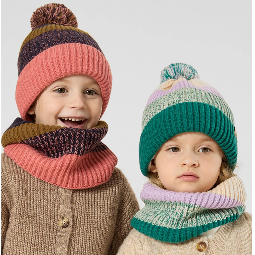 3pcs Set Winter Hat Children Beanie Snood Gloves Kids Gilr Boy Knit Winter Bonnet Colorful Striped Plush Lining Pompom 2-10Y