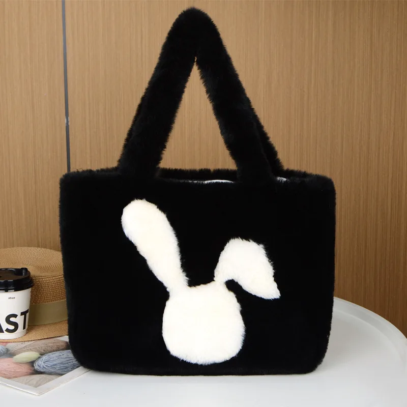 Soft Cute Plush Bag Autumn Winter Large Capacity Rabbit Print Hand-held Shoulder Bag Tote Plush Bag Women's Square Bag 2025