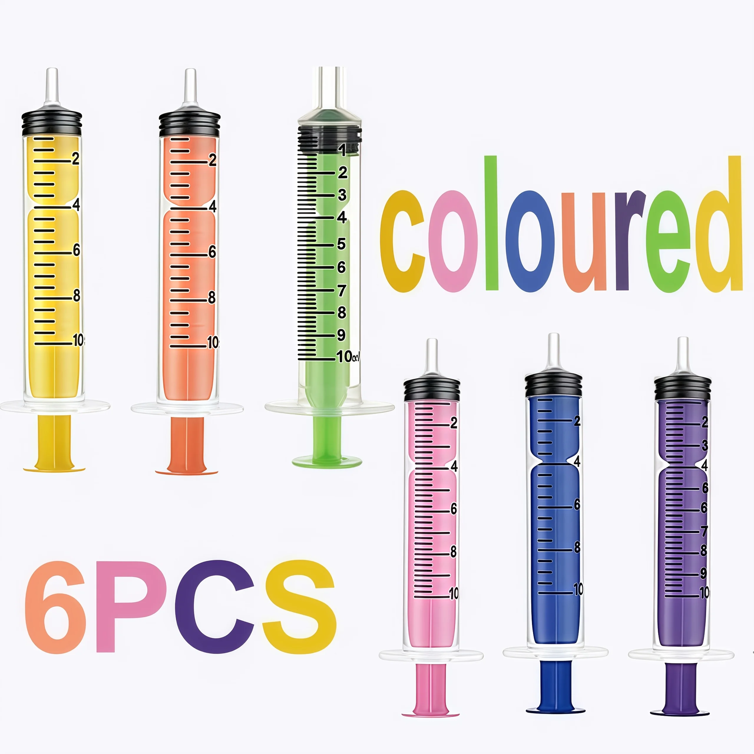 6 peças de seringa colorida de 10ml com tampas, adequada para cola, distribuição e medição de líquidos, alimentação de alimentos para animais de estimação, recarga