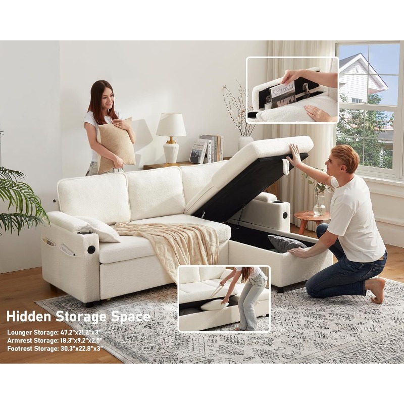DURASPACE Sofa Bed Sleeper Pull Out 2 in 1 Sectional Sleeper Sofa Couches with Storage,USB, Cup Holder,Pullout Sectional Couches