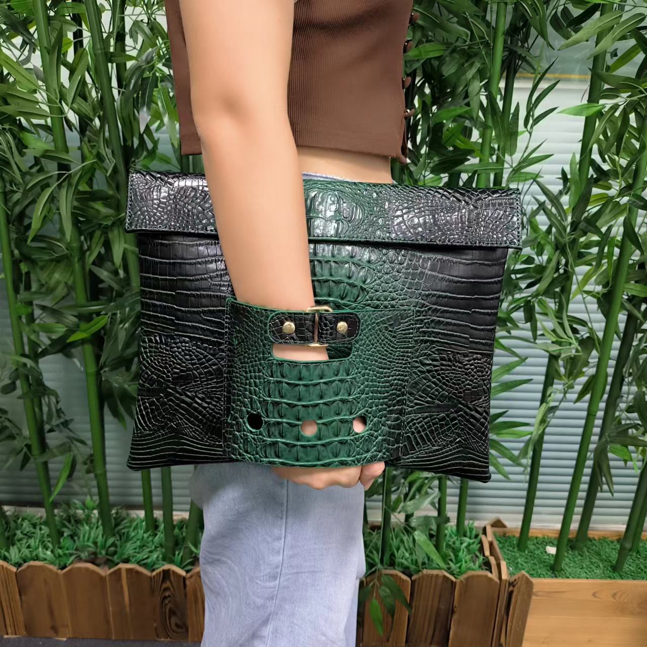 Carpeta de archivos verde cocodrilo grande para mujer, bolso de documentos A4, bolso para portátil de moda, Maletín de negocios